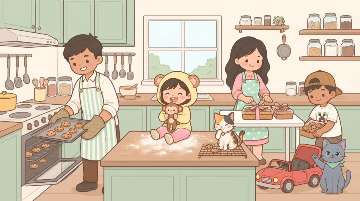 The Monkey Business family baking together in their kitchen