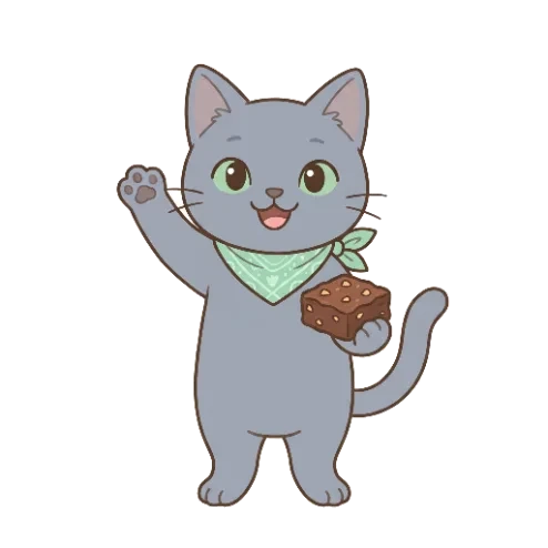 Arthur the grey cat waving, holding a brownie