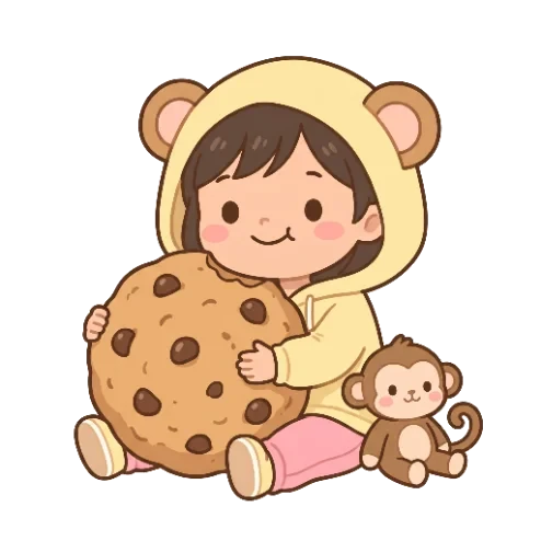 Sehrish in a monkey-ear hoodie hugging a giant cookie